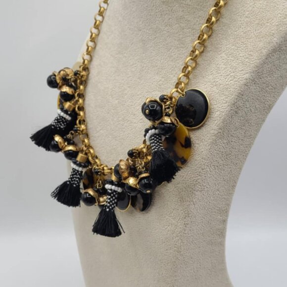 J Crew Black Tassel Gold Tone Disk Tortoise Charm Link Necklace - Picture 9 of 11